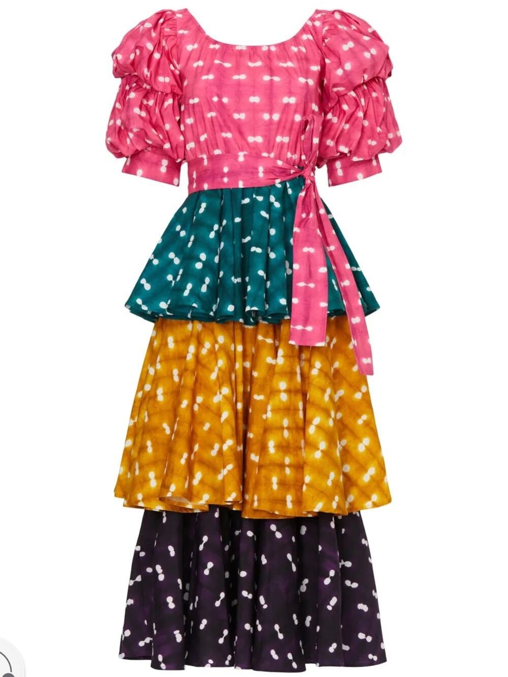 Busayo Tiered Colorblock Polka Dot Midi Belted Dress size large Pink Green